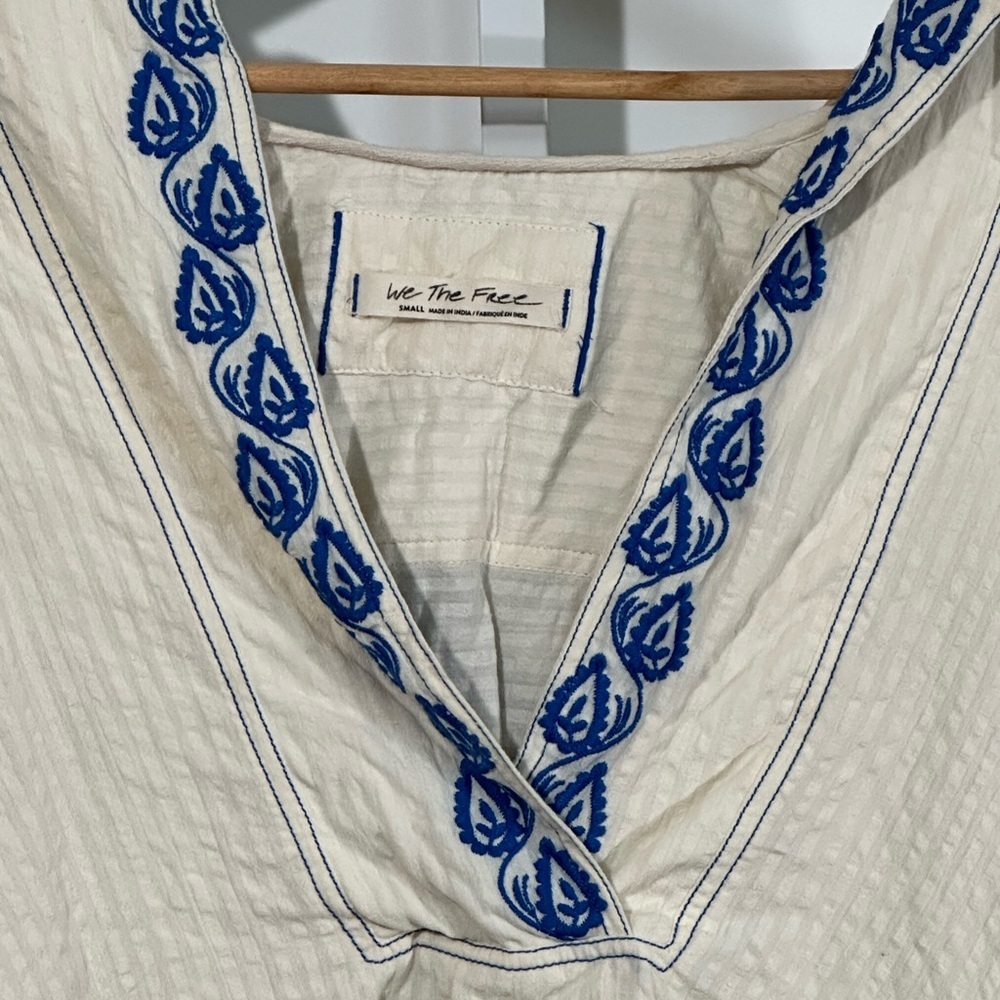 Free People Cream Hoodie with Blue Floral Embroidery - Picture 4 of 8